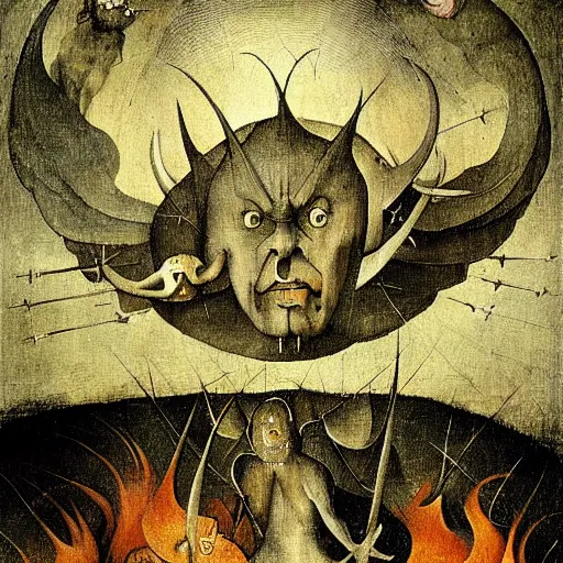 Image similar to vision of hell with winged demons flying over the flames art by hieronymus bosch