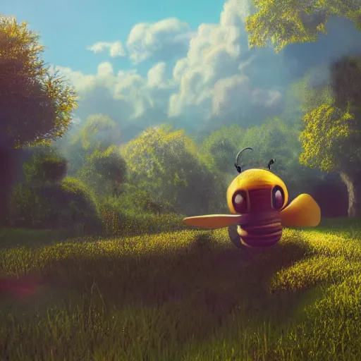 Prompt: large cute bee flying to crimson - black cute bee university, photorealistic, octane render, rtx, hdr, unreal engine, digital art widescreen 8 k, studio ghibli, disney, wlop