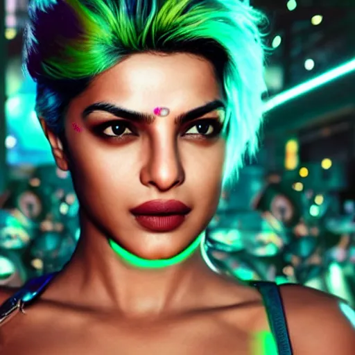 Prompt: Priyanka Chopra, neon face tattoo, cyberpunk background, straight hairstyle, white eyes, blonde hair, realistic render, short hair, unreal engine render, Icaro Carvalho