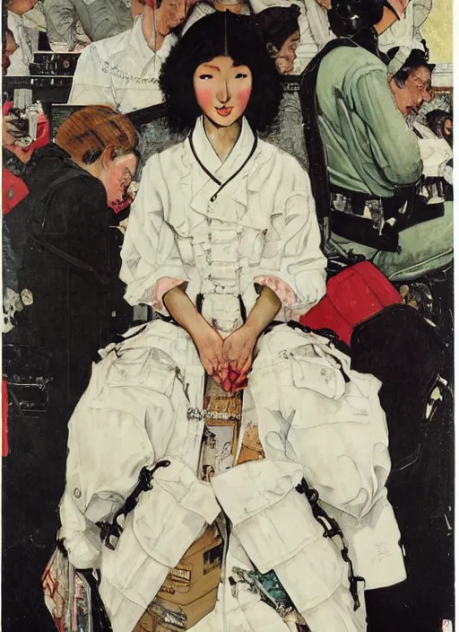 Image similar to a portrait by norman rockwell of a beautiful young japanese woman detailed features wearing a cargo wedding dress synthetic materials, jumpsuits lots of zippers chic'techno fashion trend by balenciaga