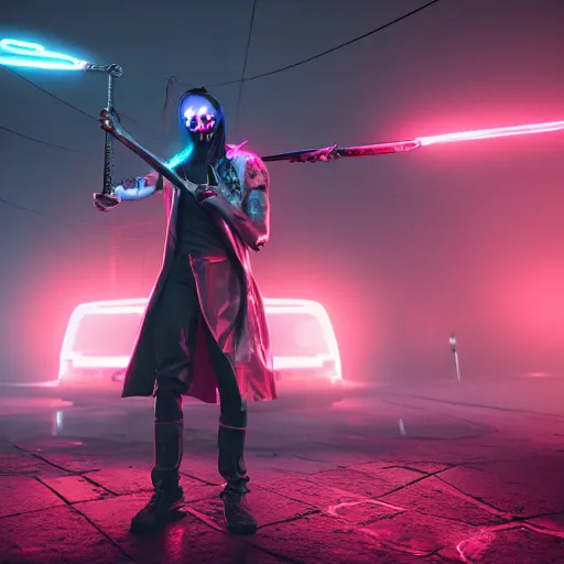 Prompt: hyperrealistic neon grimm reaper holding a scythe, photorealistic cinematic render, octane render, cyberpunk in hell, fog, fire, 8 k, unrealengine