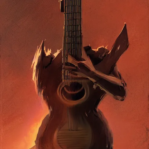 Prompt: v - form guitar in hand of man by greg rutkowski