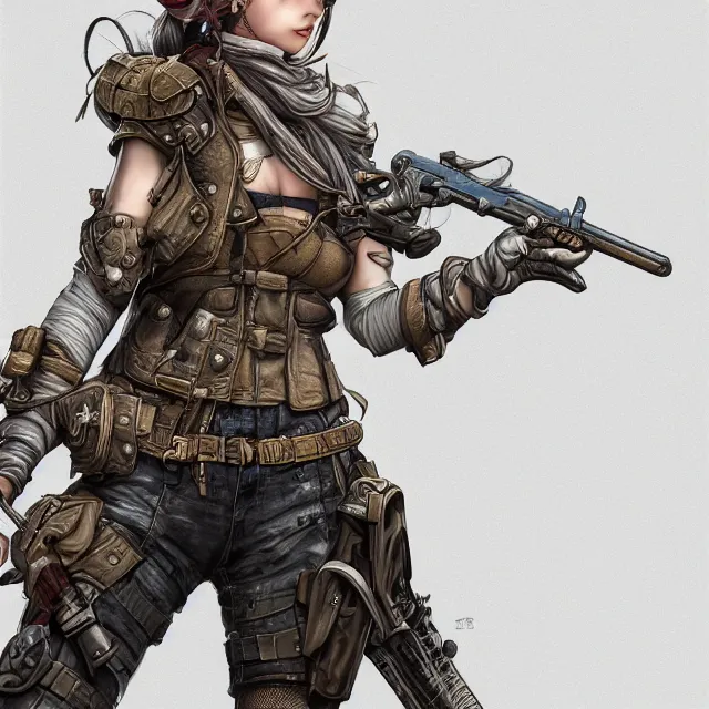 Image similar to the portrait of lawful neutral semi - colorful female infantry gunner as absurdly beautiful, gorgeous, elegant, young gravure idol, an ultrafine hyperdetailed illustration by kim jung gi, irakli nadar, intricate linework, bright colors, octopath traveler, final fantasy, unreal engine 5 highly rendered, global illumination, radiant light, detailed and intricate environment