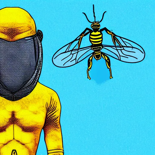 Image similar to human man that resembles a wasp morh in surreal sketch style, blue and yellow gradient, noise, ultrafine detail, hd 8k, logo illustration