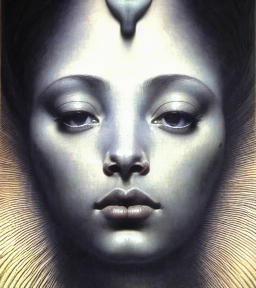 Image similar to detailed realistic beautiful young sade adu face portrait by jean delville, gustave dore and marco mazzoni, art nouveau, symbolist, visionary, gothic, pre - raphaelite. horizontal symmetry by zdzisław beksinski, iris van herpen, raymond swanland and alphonse mucha. highly detailed, hyper - real, beautiful, fractal details