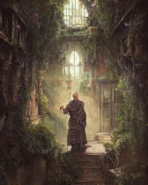 Image similar to detailed portrait of portly monk house as a mage, magical, bright spells, fantasy, ruins, overgrown plants, atmosphere, 8 k high definition, insanely detailed, intricate, by charlie bowater, johan grenier