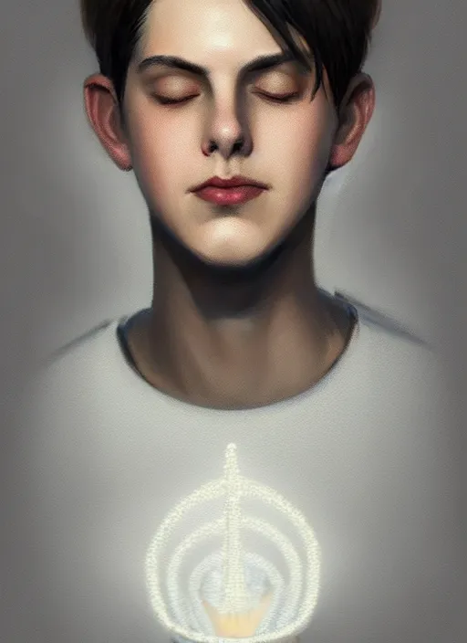 Image similar to portrait of teenage jughead jones wearing a light grey crown, photorealistic, crown, eyes closed, crown, black hair, intricate, elegant, glowing lights, highly detailed, digital painting, artstation, concept art, smooth, sharp focus, illustration, art by wlop, mars ravelo and greg rutkowski