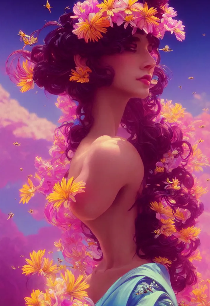 Image similar to young beautiful woman, gorgeous face, vaporwave aesthetic, synthwave, colorful, psychedelic, artstation, flowers, bees, full - body, gown, smooth, extremely sharp detail, finely tuned detail, 8 k, unreal engine 5, ultra sharp focus, illustration, art by artgerm and greg rutkowski and alphonse mucha