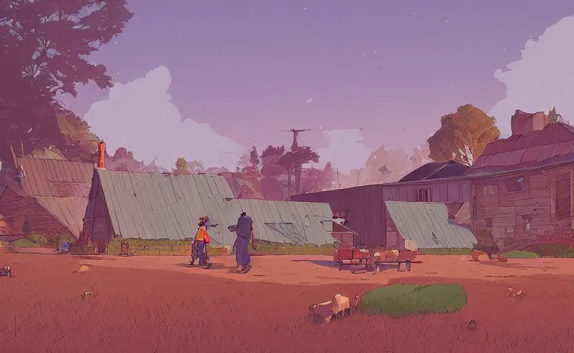 Prompt: people farming on a farm, small village, moebius, james gilleard, print, game art, storybook
