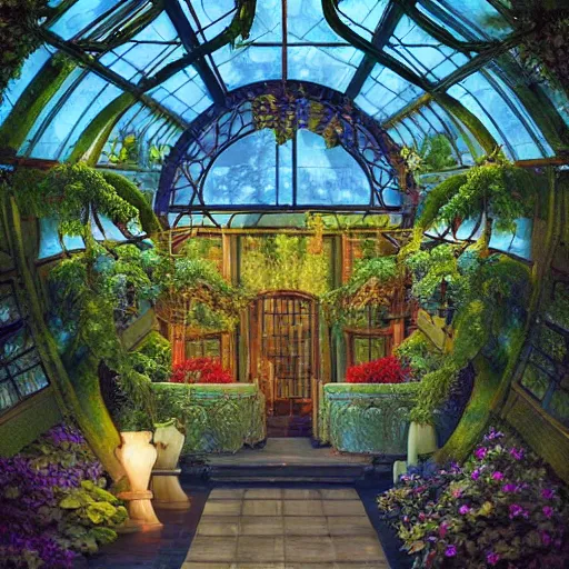 Image similar to a musical bedroom art deco greenhouse. the greenhouse is built into a giant oak tree, ornate, beautiful, atmosphere, vibe, flowers, concept art illustration, greg rutowski, volumetric lighting,