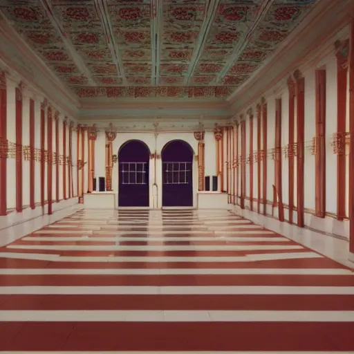 Image similar to Symmetric Wes Anderson film still in a Graduate School without people. Establishing shot. Architecture. 8k resolution. Pastel. Sharp. Whimsical. Symmetry. Stunning.