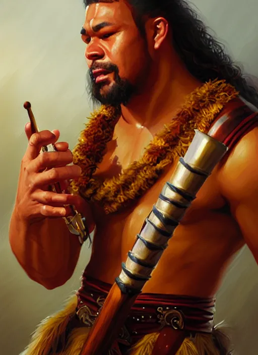 Prompt: a _ fantasy _ style _ portrait _ painting _ of samoan male charismatic bard playing instrument, rpg dnd oil _ painting _ unreal _ 5 _ daz. _ rpg _ portrait _ extremely _ detailed _ artgerm _ greg _ rutkowski _ greg