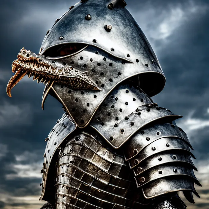 Image similar to photo of a knight with metal crocodile themed armour and helmet, highly detailed, 4 k, hdr, smooth, sharp focus, high resolution, award - winning photo