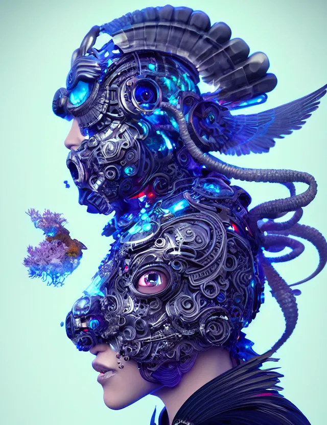 Image similar to 3 d goddess cyborg close - up profile portrait with ram skull. beautiful intricately detailed japanese crow kitsune mask and clasical japanese kimono. betta fish, jellyfish phoenix, bio luminescent, plasma, ice, water, wind, creature, artwork by tooth wu and wlop and beeple and greg rutkowski