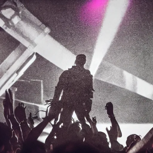 Image similar to Jumping Trent Reznor smashing guitars, group of people on stage playing instruments, elaborate stage effects, dust, smoke, giant LED screens, colored projections, ultrafine detail, cybersuit, glowing thin wires, smoke, high contrast, projections, holography, volumetric lighting