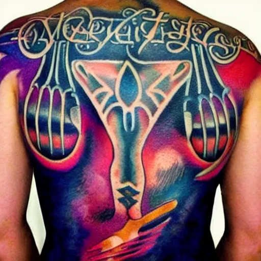 Prompt: a tattoo of a magic fork across a female back, rich beautiful colors