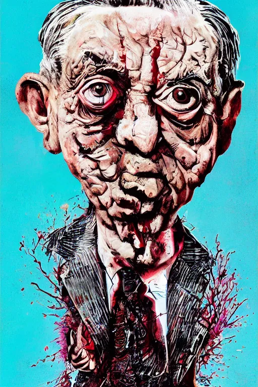 Image similar to George Soros full body shot, Body horror, biopunk, by Ralph Steadman, Francis Bacon, Hunter S Thompson