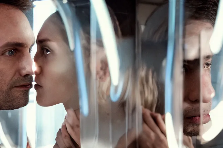 Image similar to movie closeup polar opposites, couple, researchers in a futuristic lab building inter dimensional portal machine, beautiful skin, Symmetrical faces. Beautiful lighting by Emmanuel Lubezki