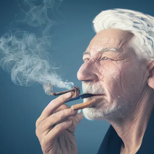 Image similar to portrait of old man smoking pipe, white hair coming out as smoke, realistic 4k octane beautifully detailed render, 4k post-processing, highly detailed, intricate complexity, epic composition, magical atmosphere, cinematic lighting, masterpiece, ultra hd