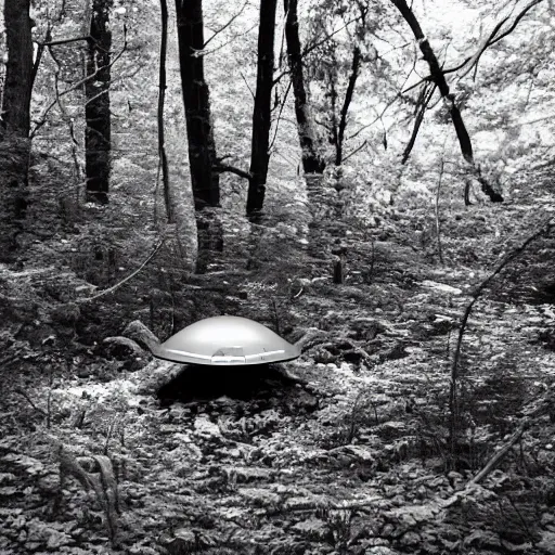 Image similar to a crashed ufo in the forest, black and white photo