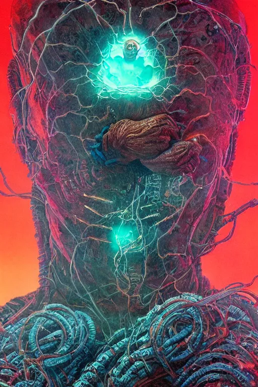 Image similar to poltergeist fused with a cosmic fleshy cyborg, the thing, few cable wires hanging on the body, ghostly, gnarly, portrait, intricate details, by vincent di fate, artgerm, julie bell, beeple and Greg Rutkowski, 80s, concept, Smooth gradients, octane render, 8k, High contrast, duo tone, depth of field, very coherent symmetrical artwork