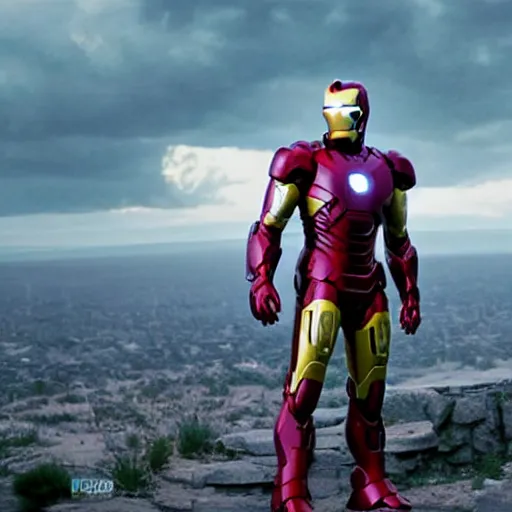 Image similar to jim carrey in an iron man suit, cinematic lens, heroic pose, wide shot, from avengers endgame