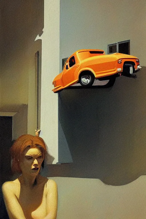 Prompt: woman put the truck through her head Edward Hopper and James Gilleard, Zdzislaw Beksisnski, higly detailed