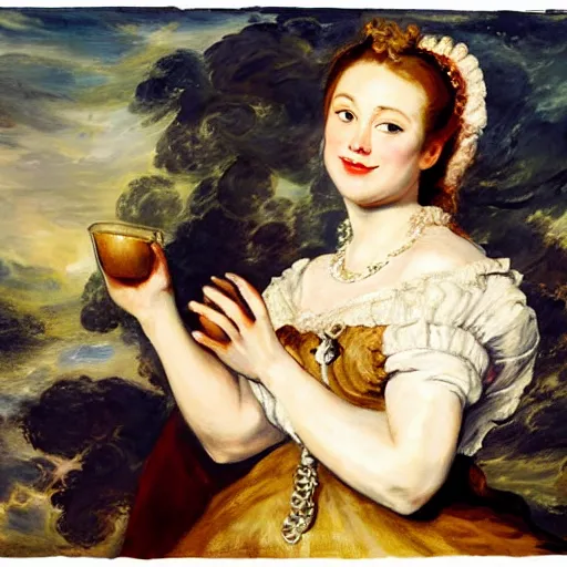 Prompt: heavenly summer sharp land sphere scallop well dressed lady drinking a starbucks coffee cup, auslese, by peter paul rubens and eugene delacroix and karol bak, hyperrealism, digital illustration, fauvist, starbucks coffee cup