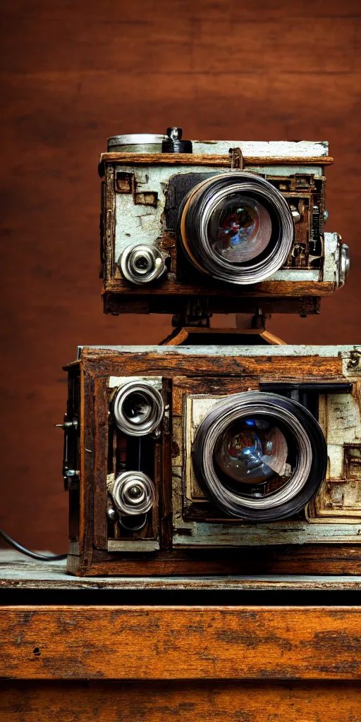 Prompt: A photo of a very old opened device with a camera lens, vacuum tubes, film, capacitors and coils inside, on an old wooden table by Annie Lebovitz, Laura Letinsky and Steve McCurry, grungy, weathered Ultra detailed, hyper realistic, 4k