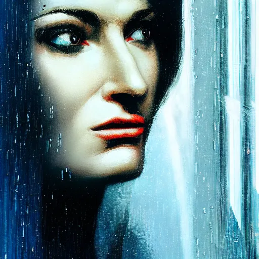 Image similar to detailed face of a woman, clockwork, moment, tectonic sky, skydome, bullet train, turbines, utopian, tech noir, wet reflections, prism, atmospheric, ambient, pj crook, syd mead, livia prima, nick alm, casey baugh