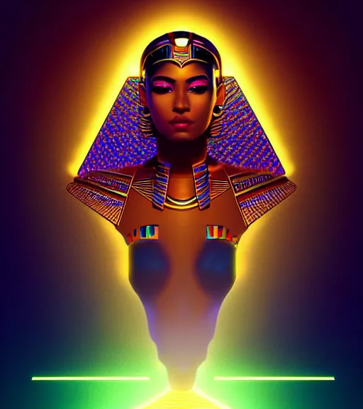 Image similar to symmetry!! egyptian princess of technology, solid cube of light, hard edges, product render retro - futuristic poster scifi, lasers and neon circuits, brown skin gorgeous egyptian princess, intricate, elegant, highly detailed, digital painting, artstation, concept art, smooth, sharp focus, illustration, dreamlike, art by artgerm