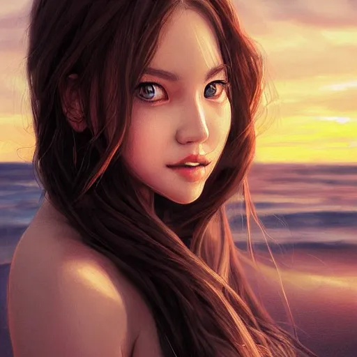 Prompt: portrait of beautiful woman on the beach, brown eyes, symmetrical face, sunset, highly detailed, photorealistic, by wlop, rossdraws, artgerm.