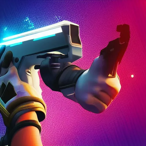 Image similar to “ hand in glove holding laser gun from the side, cinematic, digital art, fortnite style, award winning ”