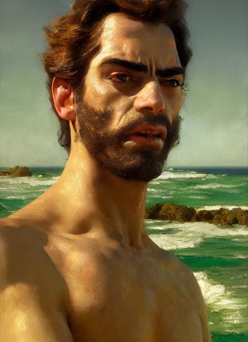 Image similar to detailed cinematic wide shot of muscular attractive young portuguese man ( ( mr. bean ) ) beard slim face symmetrical face tanskin green eyes white hair wearing sea clothes, ultra realistic, spring light, painting by gaston bussiere, craig mullins, j. c. leyendecker