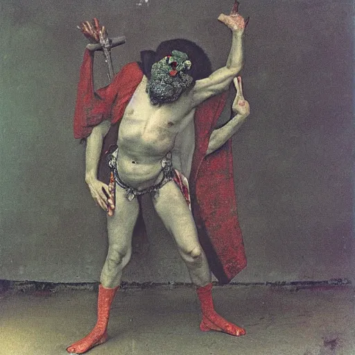 Image similar to 1 9 8 1 distressed kodachrome photo of mephistopheles in the style of jan saudek, heironymus bosch, joel peter witkin, pieter bruegel the elder, gustave dore, annie liebovitz