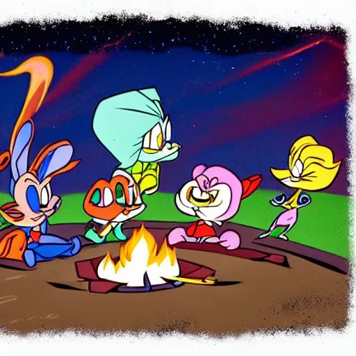 Image similar to tiny toons (1990) sitting around a campfire telling stories, photographic, 3D, UE5, ultra high textures, dark vignette, burning embers, nostalgic, muted colors, desaturated, volumetric, slightly drunk, candy rush, autochrome, tranquil, starry night, marshmallows, s'mores, 4K, 8K, HQ