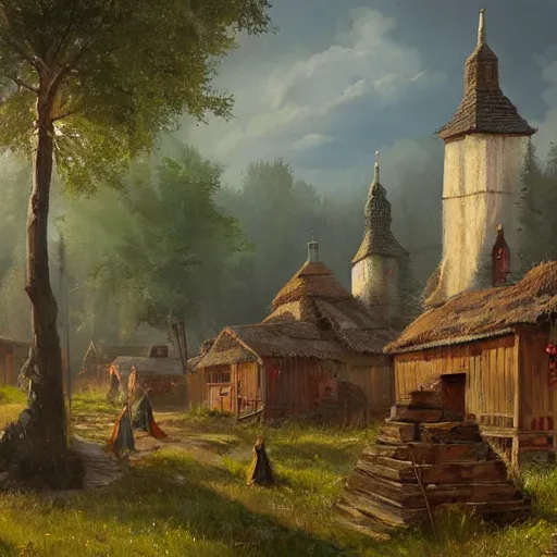 Image similar to wooden village from midsommar, slavic vibes, temples, greg rutkowski