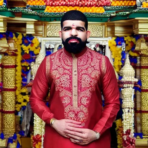 Image similar to photograph of a man in a kurta, standing in a hindu kovil, drake the rapper's face