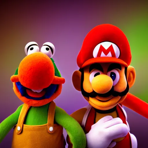 Image similar to A still of Mario and Luigi as muppets, photo real, photographic, photograph, artstation, trending, award winning, epic lighting, featured