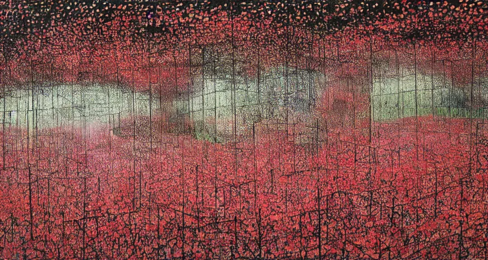 Image similar to A painting of an English Garden in summer, dawn, by Chiharu Shiota