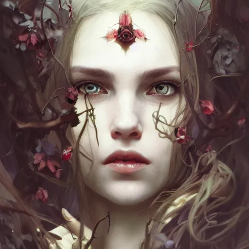 Image similar to portrait of beautiful vampire, thorns everywhere, rose frame, headshot, pale skin, 4k, rule of thirds, extreme detail, detailed drawing, trending artstation, hd, fantasy, D&D, realistic lighting, by Alphonse Mucha, Greg Rutkowski