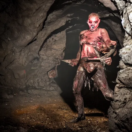 Image similar to big butcher man posing scarily, scary angry pose, cleaver, earie setting, in a dark cave, horror, hyperdetailed