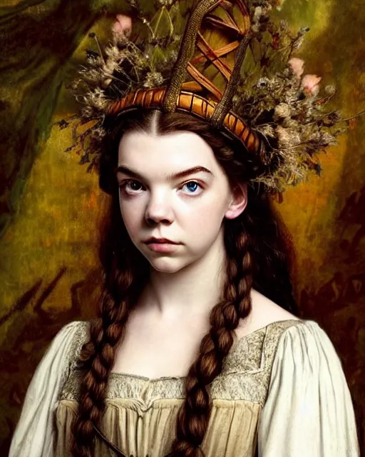 Image similar to anya taylor - joy medieval portrait, druid ranger, delicate detailed medieval portrait in the style of eugene de blaas, perfect face