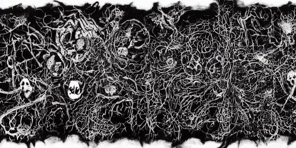 Image similar to biomechanical talisman of black metal, trve kvlt, evil, bleak forest by maggi mcdonald, jackson pollock, mark rothko, sabina klein