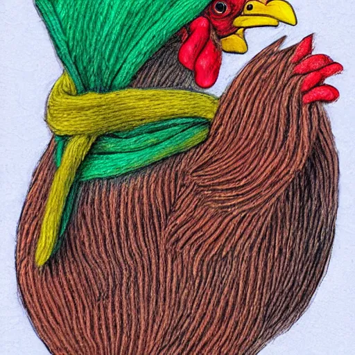 Image similar to A chicken knitting a scarf, color drawing