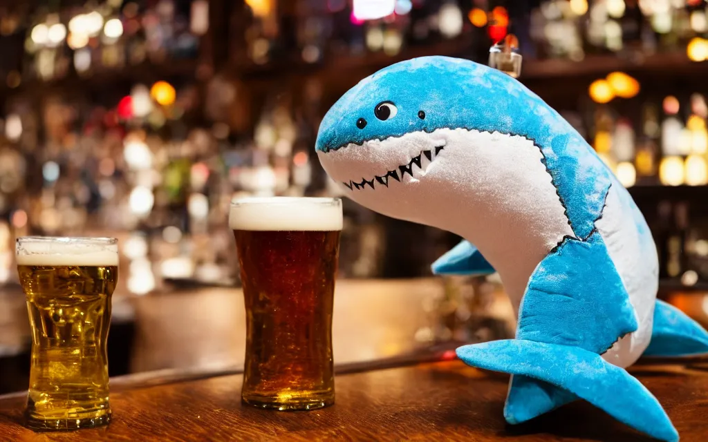 Image similar to Shark plush ordering a beer at a bar, stuffed toy, fish, dim lighting, 50mm, depth of field, beer