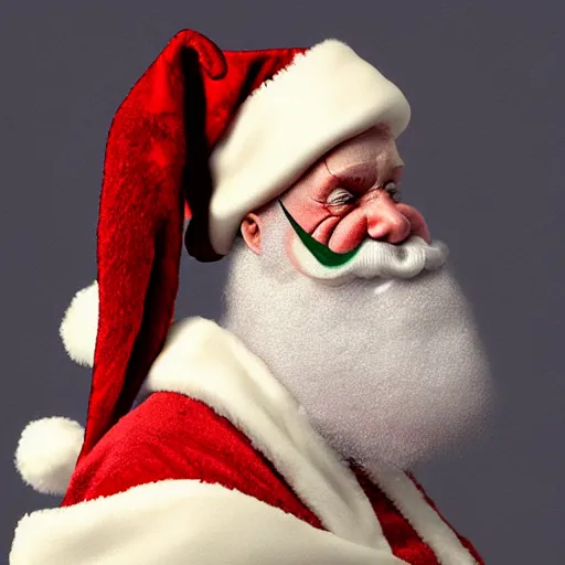 Image similar to frontal torso view of evil santa claus with cream colored cap and cream colored robe, red mouth, greenish cream colored background, fine art, award winning, intricate, elegant, sharp focus, cinematic lighting, digital painting, 8 k concept art, by michael hussar and greg manchess and brom and z. w. gu, 8 k