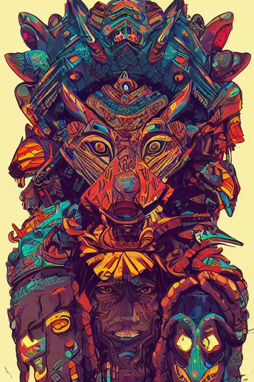 Image similar to totem animal tribal chaman vodoo mask feather gemstone plant wood rock video game illustration vivid color borderlands by josan gonzales and dan mumford radiating a glowing aura