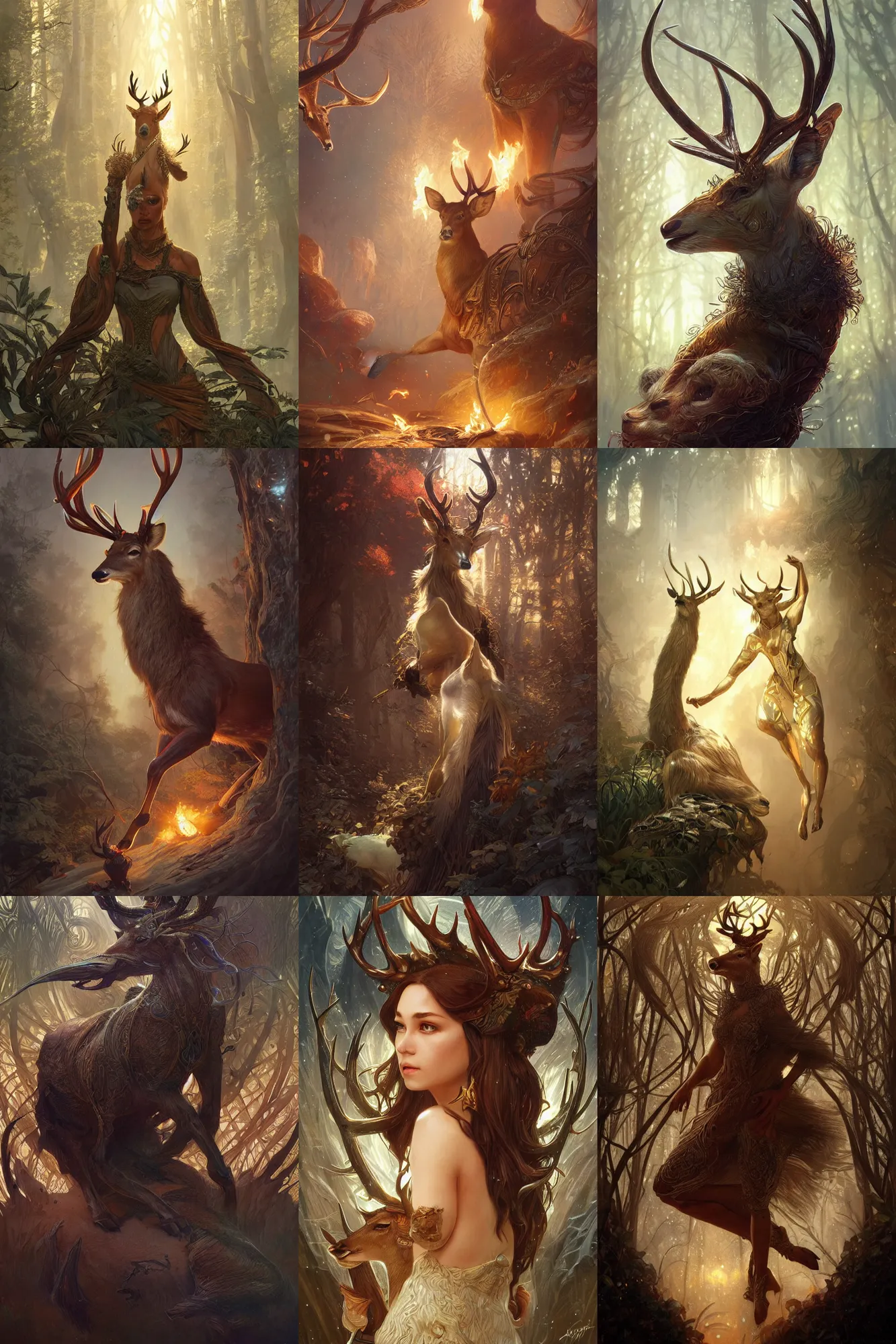 Prompt: Ultra realistic illustration, fantasy deer made magic and fire, sci-fi, fantasy, intricate, elegant, highly detailed, digital painting, artstation, concept art, smooth, sharp focus, illustration, art by artgerm and greg rutkowski and alphonse mucha