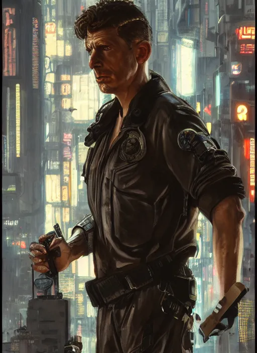 Image similar to andy griffith. cyberpunk mercenary in a cyberpunk jumpsuit ( blade runner 2 0 4 9, cyberpunk 2 0 7 7 ). orientalist portrait by john william waterhouse and james gurney and theodore ralli and nasreddine dinet, oil on canvas. cinematic, hyper realism, realistic proportions, dramatic lighting, high detail 4 k